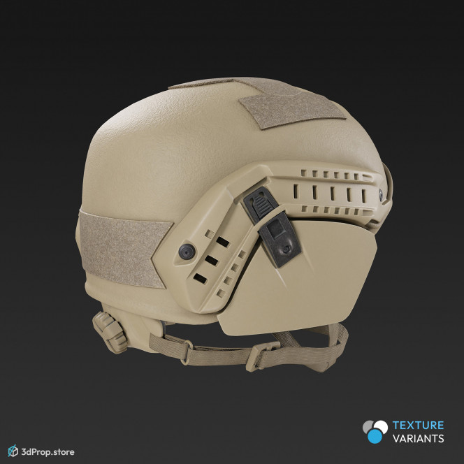 3D scan of a military helmet in different color variations, made of Kevlar, with adjustable strap for a tight fit on the head, from 2020, USA.