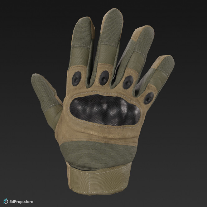 3D scan of a brown and green combat glove, made of Kevlar and other reinforced synthetic materials, which prolongs the life of the glove, from 2020, USA.