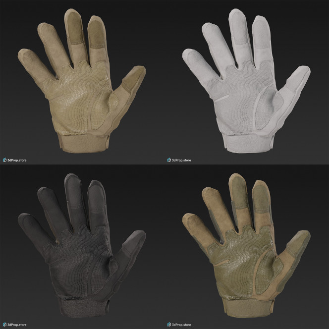 3D scan of a combat gloves in different color variations, made of Kevlar and other reinforced synthetic materials, which prolongs the life of the glove, from 2020, USA.