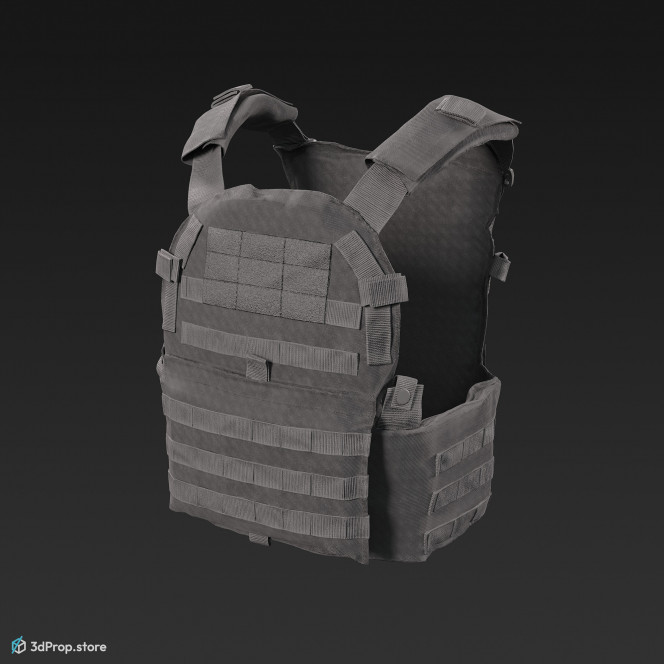 3D scan of a camouflage military tactical vest made of nylon, polyester, and Kevlar materials, featuring adjustable straps, pockets, and fasteners, as well as built-in armored panels for protection against gunfire, from 2020, USA.