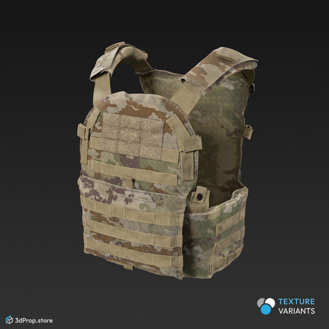 3D scan of a camouflage military tactical vest made of nylon, polyester, and Kevlar materials, featuring adjustable straps, pockets, and fasteners, as well as built-in armored panels for protection against gunfire, from 2020, USA.