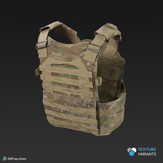 3D scan of a camouflage military tactical vest made of nylon, polyester, and Kevlar materials, featuring adjustable straps, pockets, and fasteners, as well as built-in armored panels for protection against gunfire, from 2020, USA.