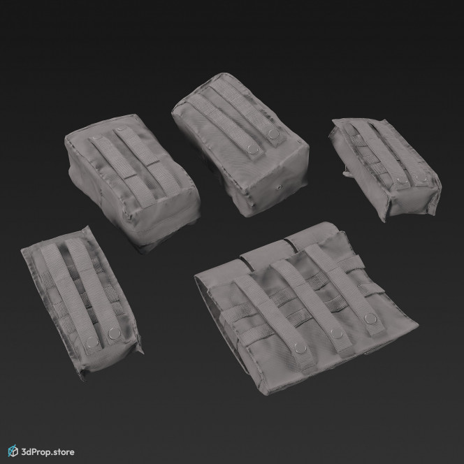 3D scan of tactical modular pouches in four different camouflage textures, alias MOLLE bags (Modular Lightweight Load carrying equipment).