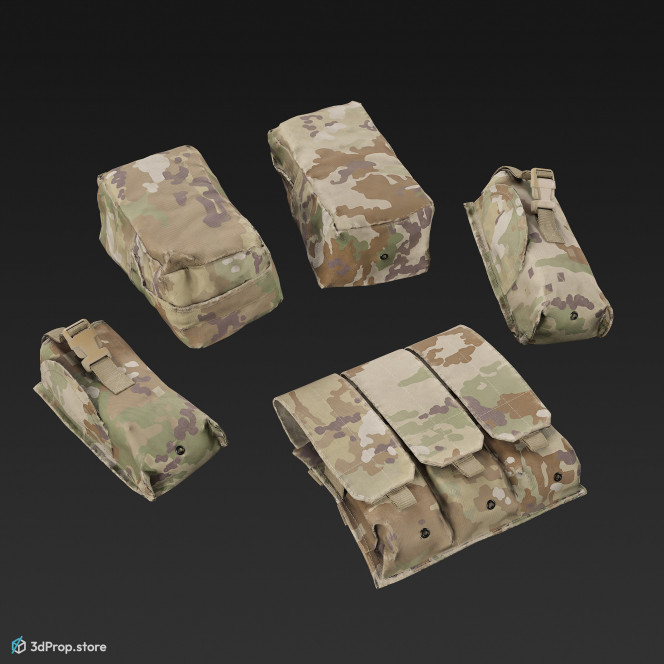 3D scan of operational camouflage patterned tactical modular pouches, alias MOLLE bags (Modular Lightweight Load carrying equipment).