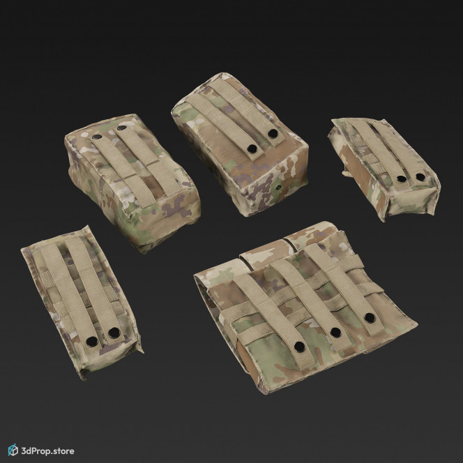 3D scan of operational camouflage patterned tactical modular pouches, alias MOLLE bags (Modular Lightweight Load carrying equipment).