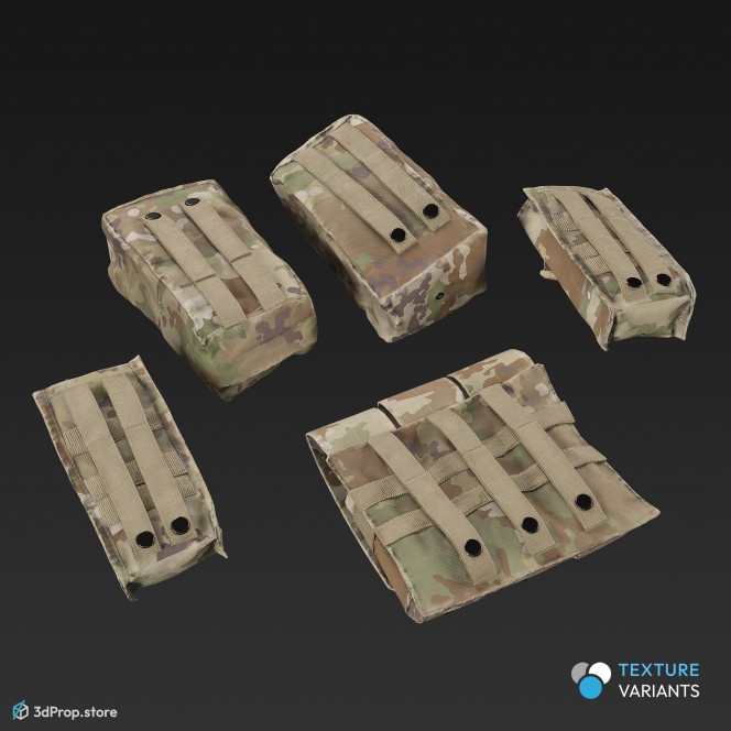 3D scan of tactical modular pouches in four different camouflage textures, alias MOLLE bags (Modular Lightweight Load carrying equipment).