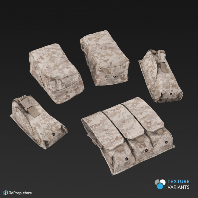 3D scan of tactical modular pouches in four different camouflage textures, alias MOLLE bags (Modular Lightweight Load carrying equipment).