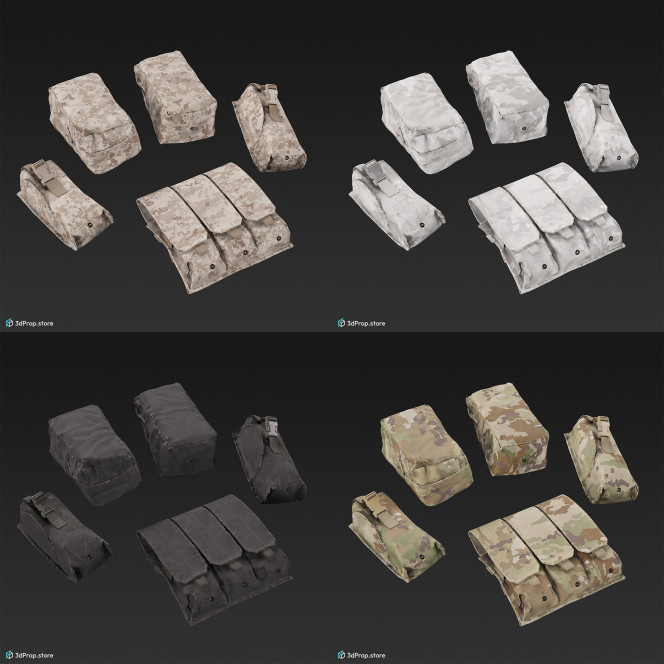 3D scan of tactical modular pouches in four different camouflage textures, alias MOLLE bags (Modular Lightweight Load carrying equipment).