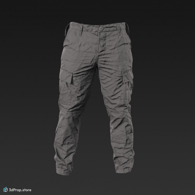 3D scan of a military trousers with 4 different camouflage patterns, long legs and loose fitting, as well as plenty of hidden pockets for storing gears, from 2020, USA.