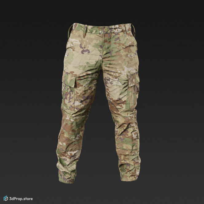 3D scan of a military trousers with a camouflage pattern, long legs and loose fitting, as well as plenty of hidden pockets for storing gears, from 2020, USA.