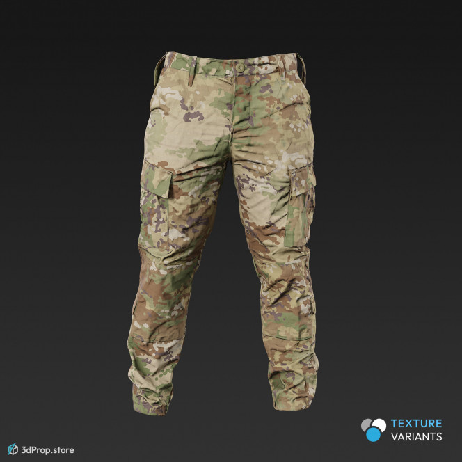 3D scan of a military trousers with 4 different camouflage patterns, long legs and loose fitting, as well as plenty of hidden pockets for storing gears, from 2020, USA.