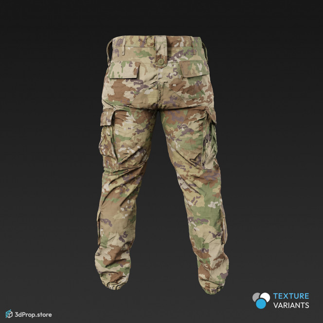 3D scan of a military trousers with 4 different camouflage patterns, long legs and loose fitting, as well as plenty of hidden pockets for storing gears, from 2020, USA.