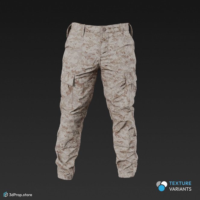 3D scan of a military trousers with 4 different camouflage patterns, long legs and loose fitting, as well as plenty of hidden pockets for storing gears, from 2020, USA.