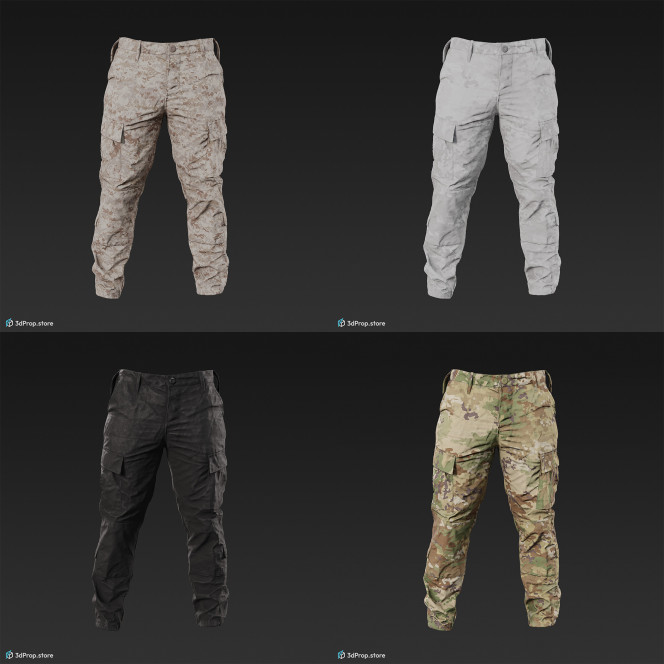 3D scan of a military trousers with 4 different camouflage patterns, long legs and loose fitting, as well as plenty of hidden pockets for storing gears, from 2020, USA.