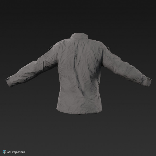 3D scan of a military jacket with a camouflage pattern, long sleeves and a high neckline, as well as plenty of hidden pockets for storing gears, from 2020, USA.