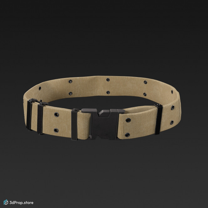 3D scan of a drape military belt with a strong elasticated grip, large buckles and made of high-quality, durable materials such as canvas, webbing and leather from 2021, USA.