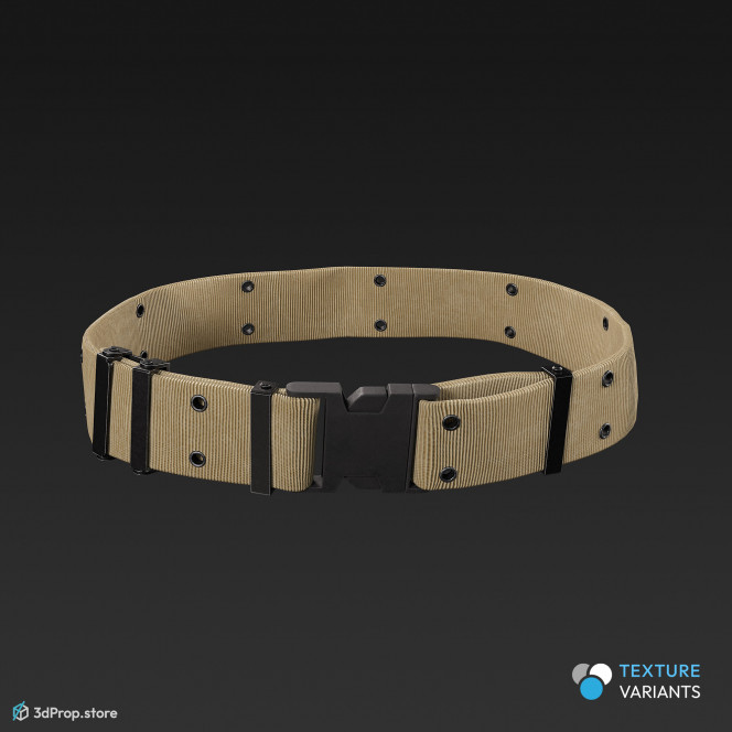 3D scan of a military belt in three different color variations with a strong elasticated grip, large buckles and made of high-quality, durable materials such as canvas, webbing and leather from 2021, USA.