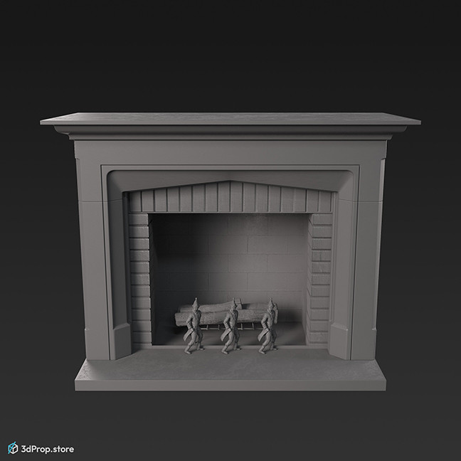 3D model of a fireplace with a white stone exterior and a sooty brick interior, with stone elf sculptures on the front to hold the firewood inside the fireplace, from 2023, Europe.