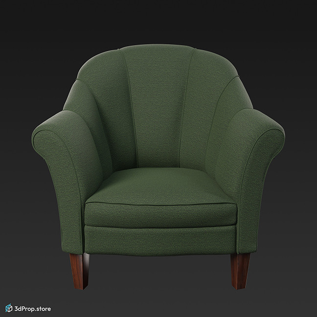 3D model of an armchair with deep green velvet upholstery and dark brown wooden legs, from 2023, Europe.