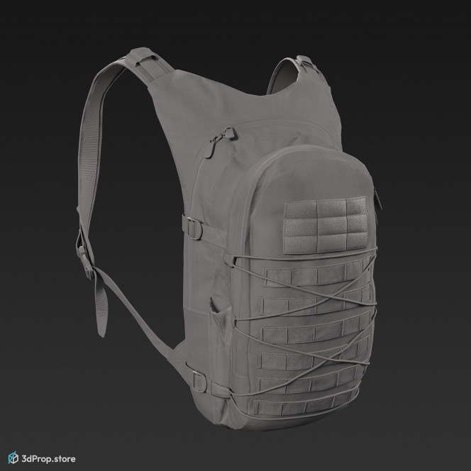 3D scan of a military backpack made of nylon material with four different camouflage pattern variations, lots of straps, belts and pockets, from 2020, USA.