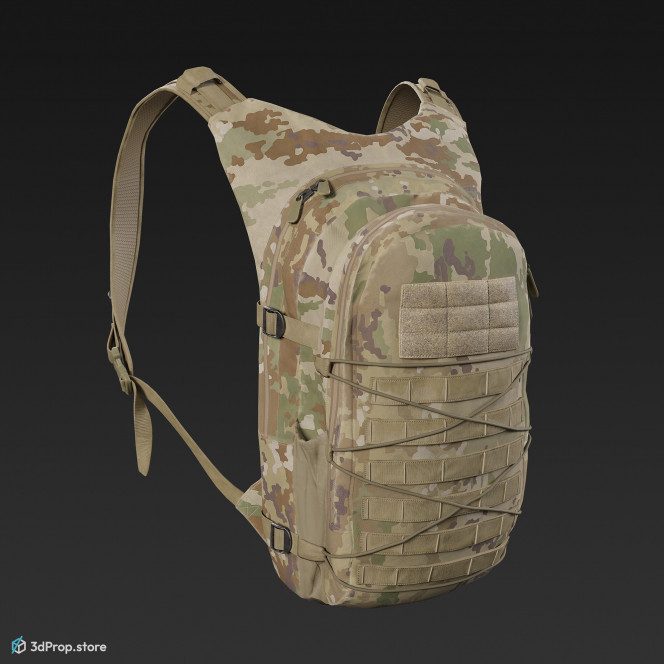 3D scan of a military backpack made of nylon material with a camouflage pattern, lots of straps, belts and pockets, from 2020, USA.