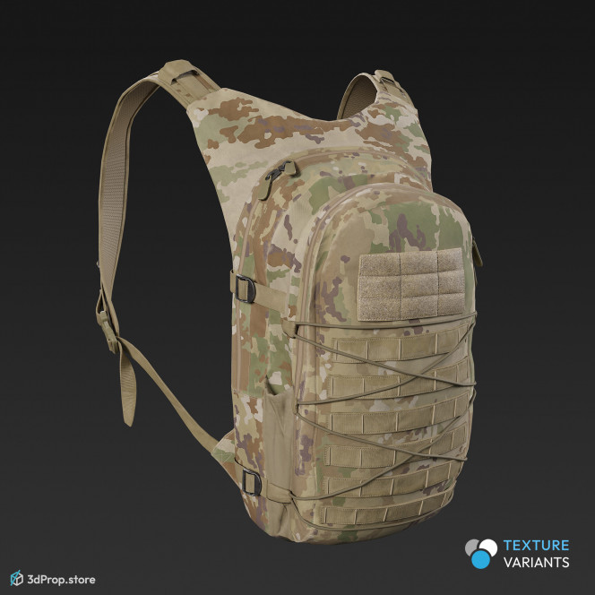 3D scan of a military backpack made of nylon material with four different camouflage pattern variations, lots of straps, belts and pockets, from 2020, USA.