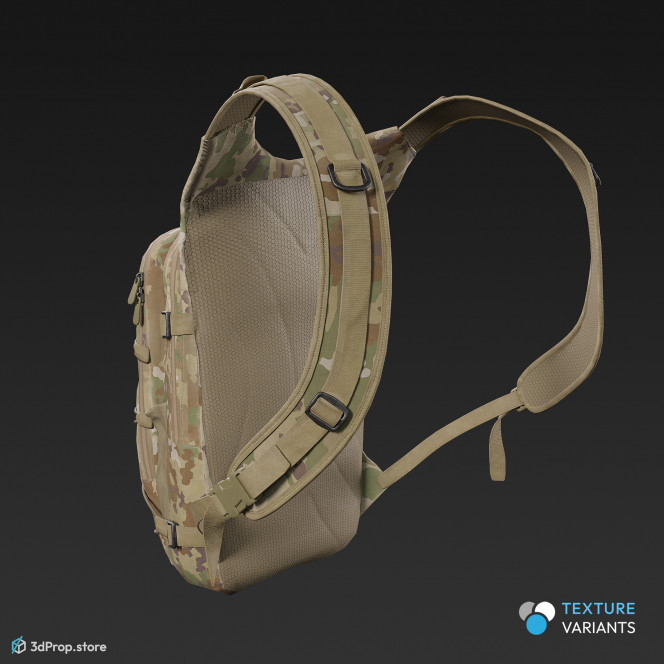 3D scan of a military backpack made of nylon material with four different camouflage pattern variations, lots of straps, belts and pockets, from 2020, USA.