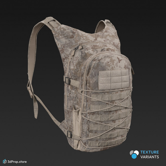 3D scan of a military backpack made of nylon material with four different camouflage pattern variations, lots of straps, belts and pockets, from 2020, USA.