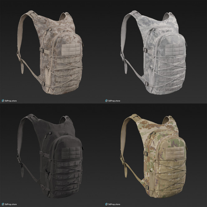 3D scan of a military backpack made of nylon material with four different camouflage pattern variations, lots of straps, belts and pockets, from 2020, USA.