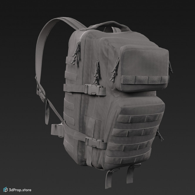 3D scan of a big military backpack in 4 different camouflage pattern variations and with lots of straps, belts and pockets, from 2020, USA