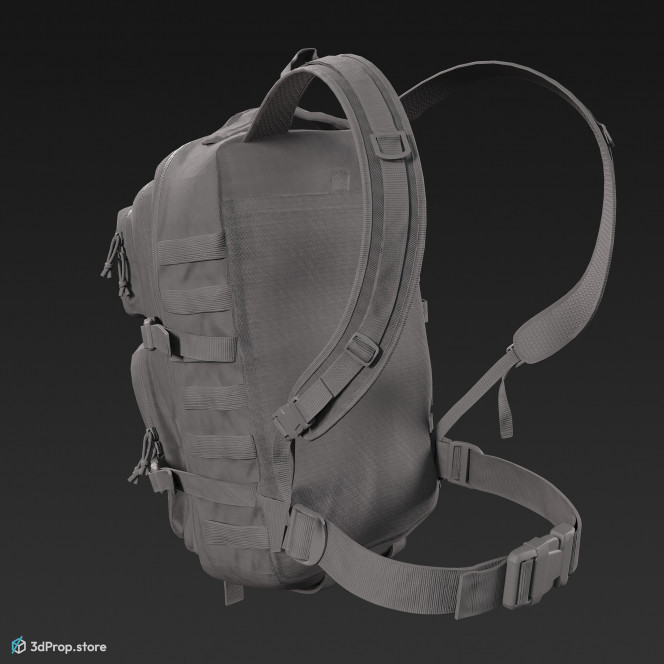 3D scan of a big military backpack in 4 different camouflage pattern variations and with lots of straps, belts and pockets, from 2020, USA