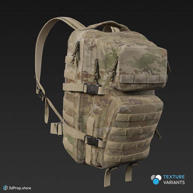 3D scan of a big military backpack in 4 different camouflage pattern variations and with lots of straps, belts and pockets, from 2020, USA