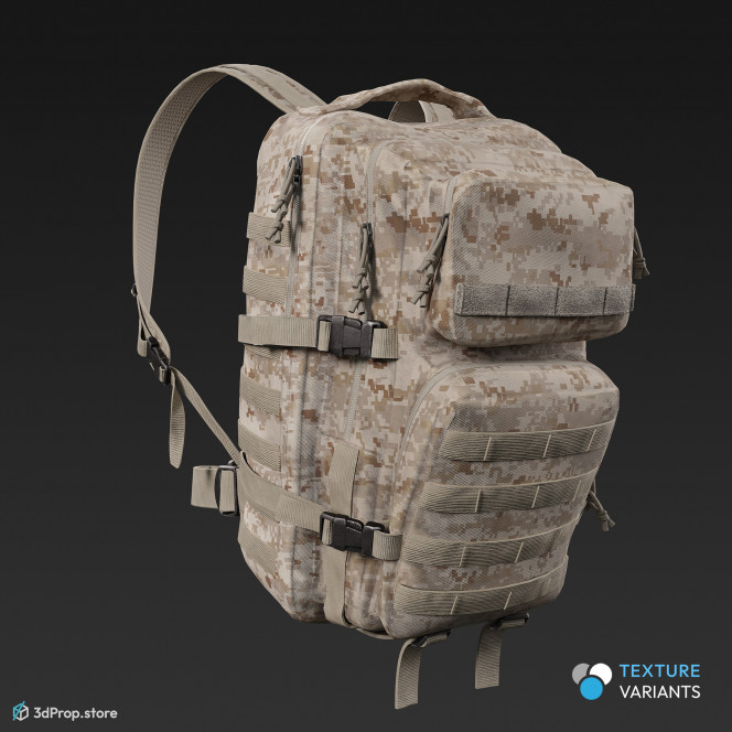3D scan of a big military backpack in 4 different camouflage pattern variations and with lots of straps, belts and pockets, from 2020, USA