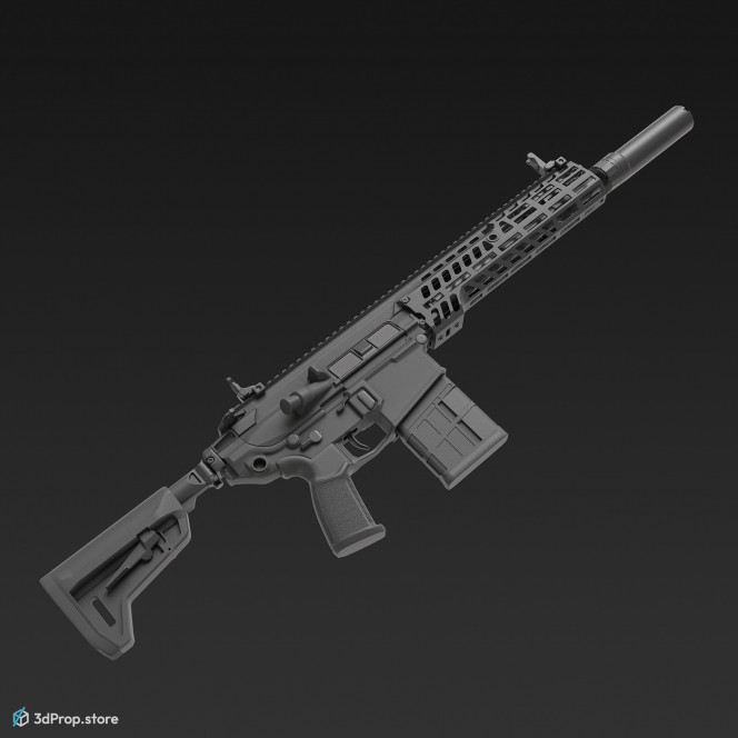 3D model of a sand-coloured SIG XM7 rifle with a long barrel and a modular design that allows easy replacement of the rifle parts, from 2023, USA.