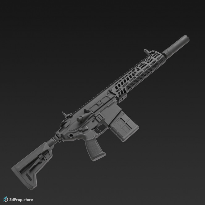 3D model of a modern semi-automatic firearm in different color variations with a long barrel and a modular design that allows easy replacement of the rifle parts, from 2023, USA.