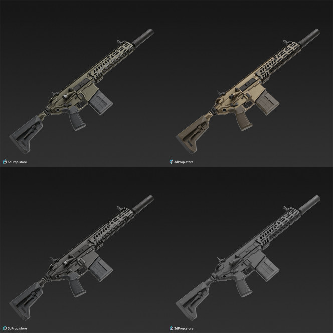 3D model of a modern semi-automatic firearm in different color variations with a long barrel and a modular design that allows easy replacement of the rifle parts, from 2023, USA.