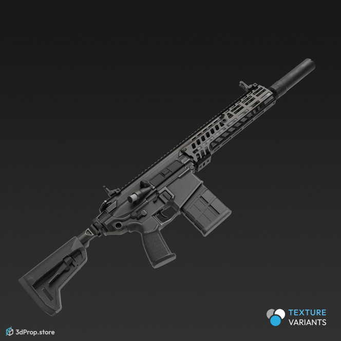 3D model of a modern semi-automatic firearm in different color variations with a long barrel and a modular design that allows easy replacement of the rifle parts, from 2023, USA.