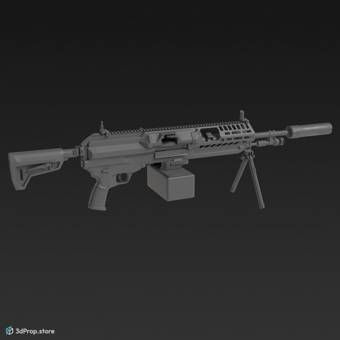 3D model of a sand-coloured automatic rifle with inserted ammunition belt, with aluminium and steel main parts and with plastic grip and barrel, from 2023, USA.