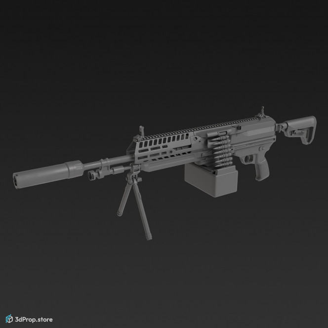 3D model of an automatic rifle in different color variations with inserted ammunition belt, with aluminium and steel main parts and with plastic grip and barrel, from 2023, USA.