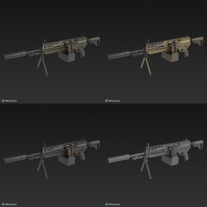 3D model of an automatic rifle in different color variations with inserted ammunition belt, with aluminium and steel main parts and with plastic grip and barrel, from 2023, USA.