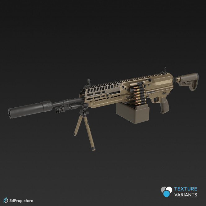 3D model of an automatic rifle in different color variations with inserted ammunition belt, with aluminium and steel main parts and with plastic grip and barrel, from 2023, USA.