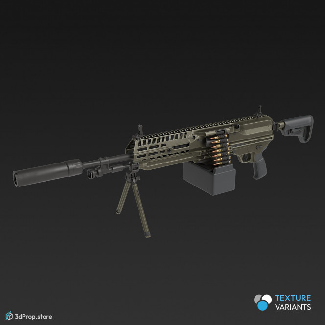 3D model of an automatic rifle in different color variations with inserted ammunition belt, with aluminium and steel main parts and with plastic grip and barrel, from 2023, USA.