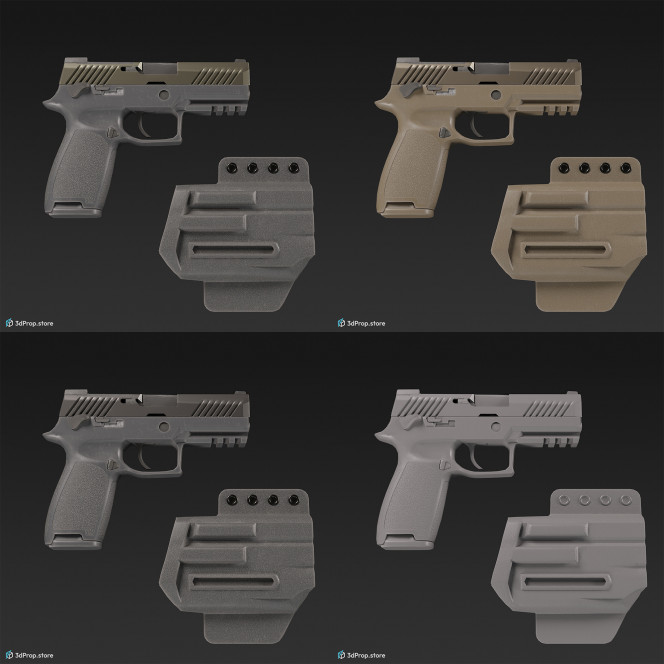 3D model of a handgun with different color / texture variations, used by military and law enforcement units worldwide, from 2023, USA.