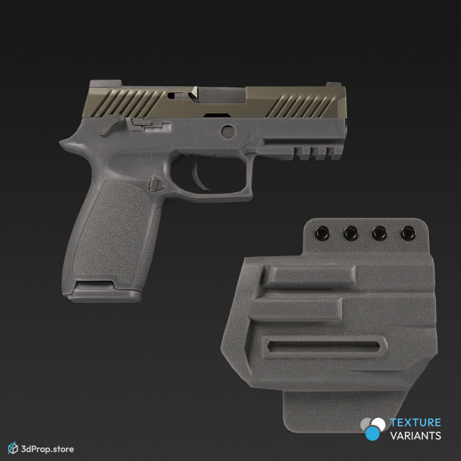 3D model of a handgun with different color / texture variations, used by military and law enforcement units worldwide, from 2023, USA.