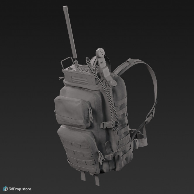 3D model of a large sized backpack in four camouflage pattern variations and with a military radio equipment hanging from the roof and the radio set has a long antenna. 2023 USA