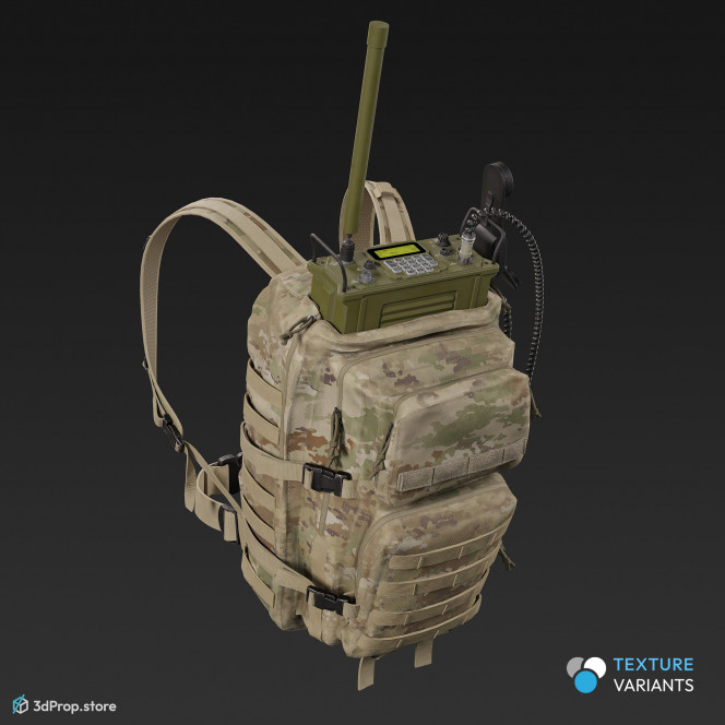 3D model of a large sized backpack in four camouflage pattern variations and with a military radio equipment hanging from the roof and the radio set has a long antenna. 2023 USA