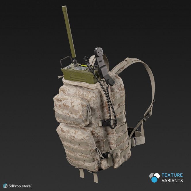 3D model of a large sized backpack in four camouflage pattern variations and with a military radio equipment hanging from the roof and the radio set has a long antenna. 2023 USA