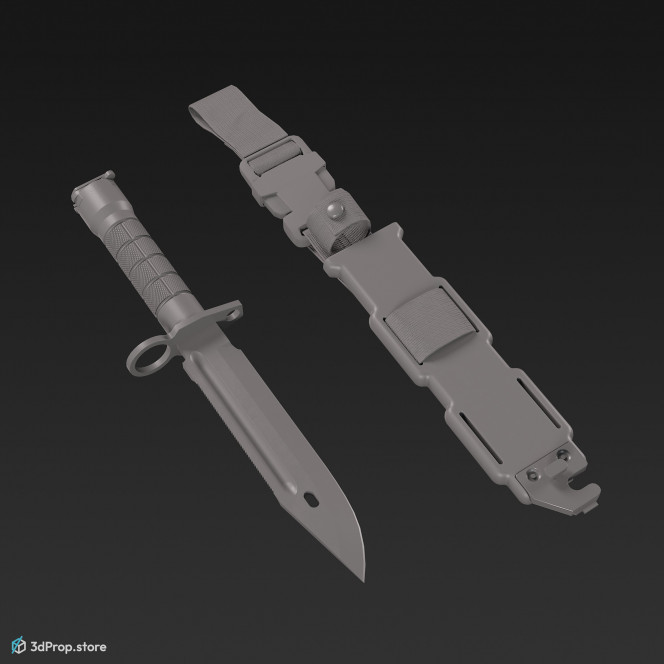 3D model of a modern military bayonet with three different color variations, with a sheath, with a built-in sharpener and a handle made of impact-resistant polymer, from 2020, USA.