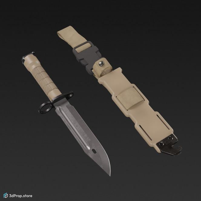 3D model of a sand-coloured bayonet with a sheath with a built-in sharpener and a handle made of impact-resistant polymer, from 2020, USA.