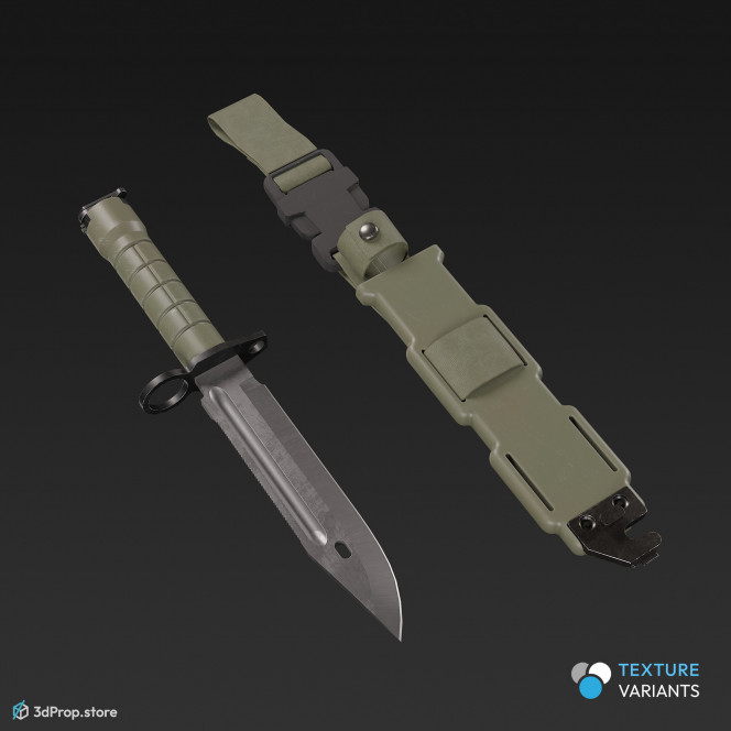 3D model of a modern military bayonet with three different color variations, with a sheath, with a built-in sharpener and a handle made of impact-resistant polymer, from 2020, USA.